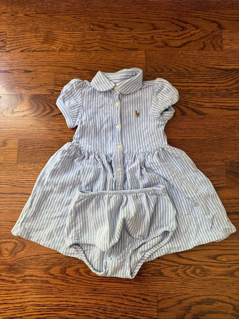 Ralph Lauren Blue & White Striped Cotton Baby Dress with Bloomer Set